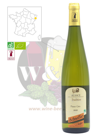 Bottle of AOC Alsace - Pinot Gris Domaine Schaeffer. This is a mellow white wine with woody and smoky notes. Persistent fruity flavours. Perfect with pâtés, terrines and white meats.