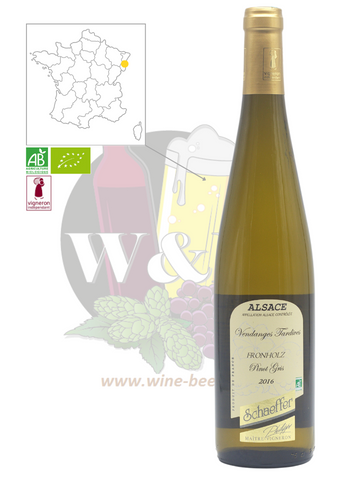 Bottle of AOC Alsace - Pinot Gris Fronholz Vendanges Tardives Domaine Schaeffer. This is a full-bodied, mineral white wine. Made from sandstone marl, it has toasty, smoky notes and exotic fruits such as lychee. Ideal as an aperitif, but also with poultr
