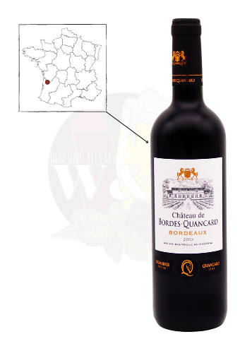 Bottle of AOC Bordeaux - Château de Bordes Quancard. It is a fine and balanced red wine with notes of plum, spices and wood.