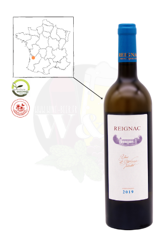 Bottle of white wine from the AOC Bordeaux Supérieur - Château de Reignac. It is a white wine composed of notes of lemon, grapefruit and white peaches as well as light hints of quince and tangerine. Its nose is represented by a nice honeyed bouquet with a