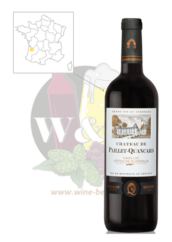 Bottle of AOC Cadillac Côtes de Bordeaux - Château Paillet-Quancard. This is a red wine with velvety tannins and notes of roasting. Ideal with duck confit or grilled beef.