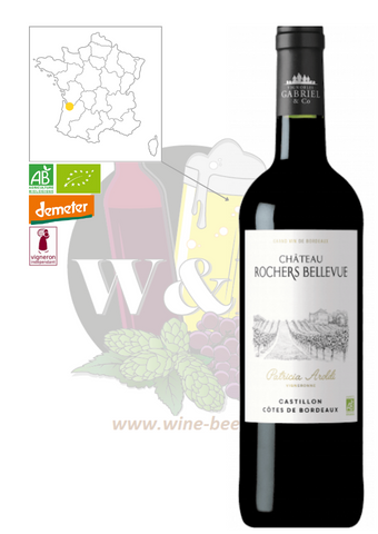 Bottle of AOC Castillon Côtes de Bordeaux - Château Rochers Bellevue. It is a red wine byodinamic, powerful, on a very ripe fruit.