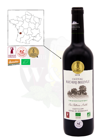 Bottle of AOC Castillon Côtes de Bordeaux - Château Rochers Bellevue. It is a red wine byodinamic, powerful, on a very ripe fruit.
