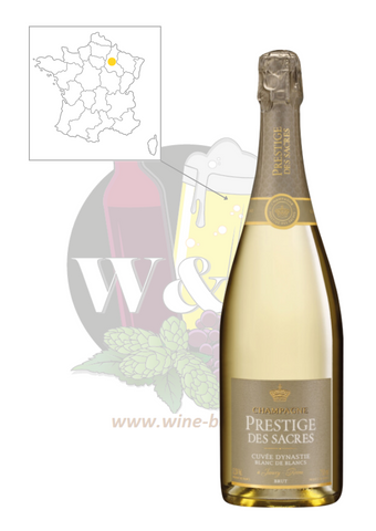 Bottle of AOC Champagne Brut - Prestige Des Sacres - Blanc de Blancs. This is a champagne of great finesse and elegance, with a very singular aromatic complexity that will not leave you indifferent.