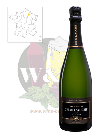 Bottle of AOC Champagne - L'Auche Blanc de Noirs selection. This is a highly aromatic champagne, with generous, juicy aromas of pear and apricot. Warm on the palate, with notes of nougat and a smooth texture.