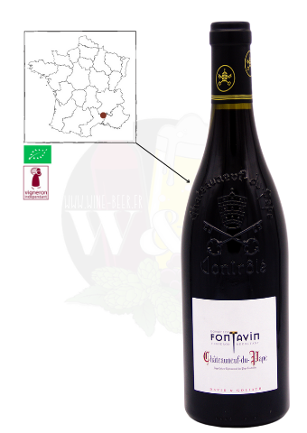 Bottle of AOC Châteauneuf du Pape BIO - Domaine de Fontavin Cuvée David & Goliath. This is an exceptional red wine, made from 80 year old vines, aged in oak barrels for 12 months. It is powerful, with notes of cherries and spices.