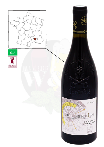 Bottle of red wine AOC Chateauneuf du Pape (Rhone valley), powerful and spicy wine