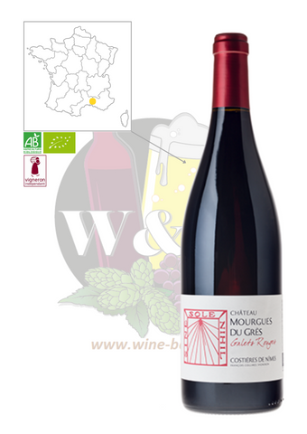 Bottle of AOC Costières de Nîmes - Domaine Mourgues du Grès Galets Rouges. This red wine combines generosity and delicacy, with a blend of red fruit, liquorice and violets.