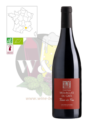 Bottle of AOC Costières de Nîmes - Domaine Mourgues du Grès Terre de Feu. This is a powerful, elegant red wine with notes of raspberry liqueur, cherry, garrigue and dark chocolate. It goes perfectly with both sweet and savoury dishes. Whether it's a duc