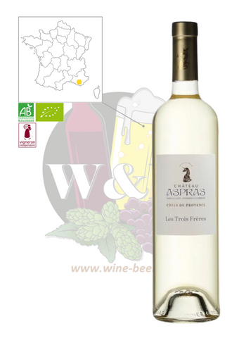 Bottle of AOC Côtes de Provence - Domaine des Aspras Les 3 Frères. This is a well-structured white wine. It has notes of exotic fruit, almonds and rhubarb. It goes perfectly with fish, aperitifs and cheeses.