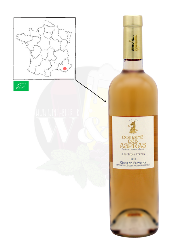 Bottle of AOC Côtes de Provence - Domaine des Aspras Les 3 Frères. This is a tender, elegant wine with a lovely intensity and fruity notes.