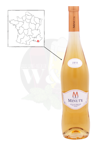 Bottle of rosé wine from the AOC Côtes de Provence - M de Minuty. Rosé wine with hints of peach and candied orange.