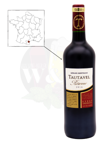 Bottle of red wine AOC Côtes de Roussillon Villages Tautavel - Reserve 2019. It is a red wine aged 12 months in oak barrels, very expressive on notes of red and black fruits.