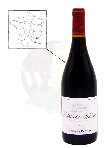 Bottle of AOC Côtes du Rhône - Armand Dartois. This is a round red wine, with notes of candied fruit, spices and liquorice.