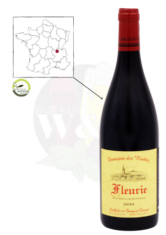 Bottle of AOC Fleurie - Domaine des riottes. It is a complex red wine, velvety, with floral and fruity aromas.