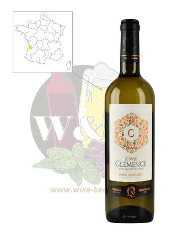 Bottle of AOC Grand Vin de Bordeaux Entre-Deux-mers - Cuvée Clémence Cheval Quancard white wine, this sappy and full- bodied white wine has floral and woody notes