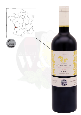 Bottle of AOC Médoc Cru Bourgeois - Chateau La Chandellière. This is a powerful and complex red wine with notes of jammy fruit.