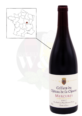 Bottle of red wine AOC Mercurey - Cellier du Châteu de la Chaume. It is a light and fruity Bourgogne, composed of red fruit aromas.