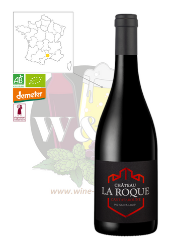 Bottle of AOC Pic Saint Loup - Chateau La Roque Cantafaroune. This is a superb, surprising red wine, with a clean attack and good volume. It reveals notes of sweet spices, black fruits and blackberries. It goes perfectly with red meats or other Iberian
