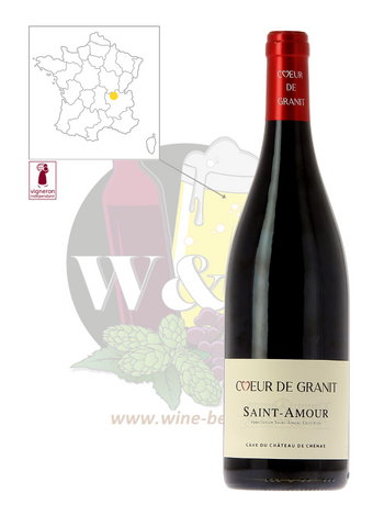 Bottle of AOC Saint-Amour - Cave du Chateau de Chénas Coeur de Granit. This is a light red wine with notes of strawberry and violet. A perfect accompaniment to platters of cold meats and roast poultry.