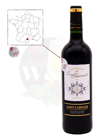 Bottle of AOC Saint Chinian Rouge - L'Excellence de Saint Laurent. This is a typical Mediterranean red wine, full and powerful at the same time.