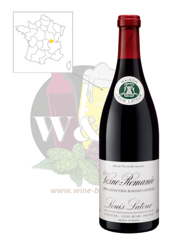 Bottle of AOC Vosne Romanée - Domaine Louis Latour. This is a complex red wine with notes of blackcurrant. It goes perfectly with red meats and mature cheeses.