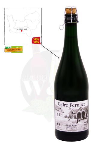 Bottle of BIO Cider bouché fermier by Michel Breton. This is a light and fruity brut cider, with an aroma of ripe apples.