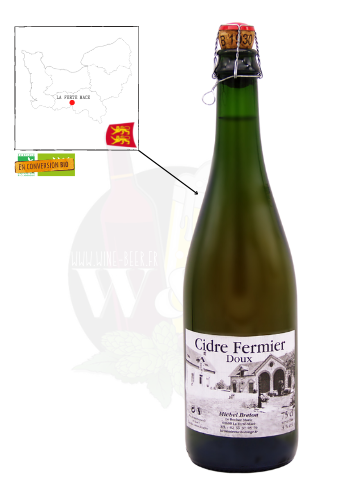 Bottle of organic cider bouché fermier - Michel Breton. This is a sweet cider with a nice roundness and a nice aroma based on ripe apples.