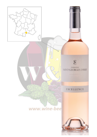 Bottle of IGP Côtes de Thongue - Saint-Georges d'Ibry Excellence. This is a fresh rosé, with notes of tangy fruit. A perfect accompaniment to grilled meats, aperitifs and salads.