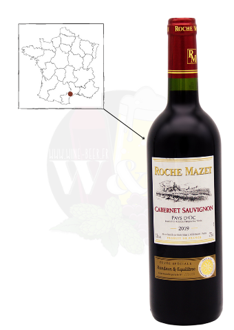 Bottle of IGP Pays d'Oc - Roche Mazet Cabernet Sauvignon. This is an intense red wine with blackcurrant and cherry aromas.