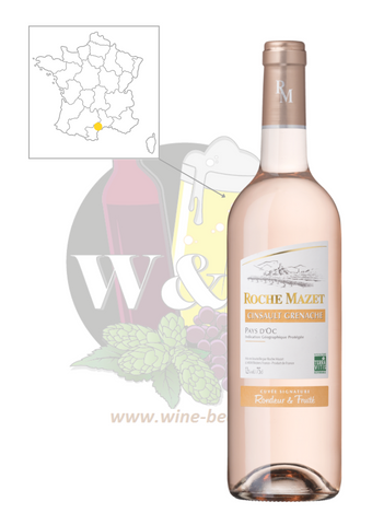 Bottle of IGP Pays d'Oc - Roche Mazet Cinsault/Grenache. This is a fresh, round rosé with a light spicy finish and aromas of raspberry and strawberry.
