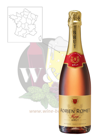 Bottle of traditional method sparkling wine - Adrien Romet brut Rosé. A fresh, delicious sparkling wine with notes of strawberries and pomegranates.
