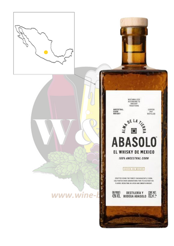 Bottle of Mexican Whisky - Abasolo 100% Maïs. This is a corn-based whisky with notes of toasted corn, caramel, vanilla and even leather. Enjoy it on the rocks or in cocktails.