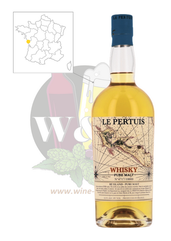 Bottle of French/Scottish Whisky - Le Pertuis Pure Malt. A true original. Aged for 5 years and finished in bourbon, pineau des Charentes and cognac casks, this whisky is truly elegant on the palate, with floral and fruity notes.