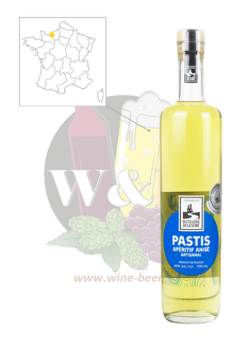 Bottle of Pastis Artisanal Normand - Distillerie de la Seine. This is a fragrant, herbal pastis with a bouquet of fragrant spices, with aniseed and cardamom adding a hint of lemon.