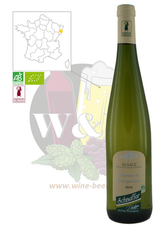 Bouteille d'AOC Alsace - Klevener de Heiligenstein Domaine Schaeffer. C'est un vin sec, aromatique sur des notes de coing et d'acacia. Il se mariera parfaitement avec le foie gras, saumon ou en apéritif tout simplement.