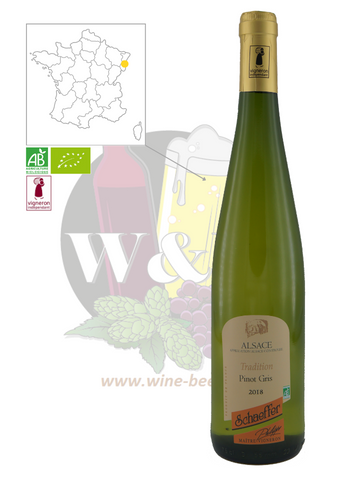 Bouteille d'AOC Alsace - Pinot Gris Domaine Schaeffer. Il s'agit d'un vin blanc moelleux, sur des notes boisées et fumées. On y retrouve des saveurs fruitées persistantes. Il sera parfait avec vos pâtés, terrines et viandes blanches.