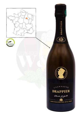 Bouteille de champagne AOC Champagne Brut - Famille Drappier Charles De Gaulle. Ce Champagne est à la fois puissant et élégant ainsi que savoureux... tout cela fait à partir d'une agriculture raisonnée durable.