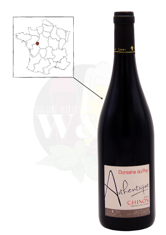 Bouteille d'AOC Chinon - Domaine du Puy. C'est un vin rouge profond, possédant une sucrosité agréable et une persistance appréciable.