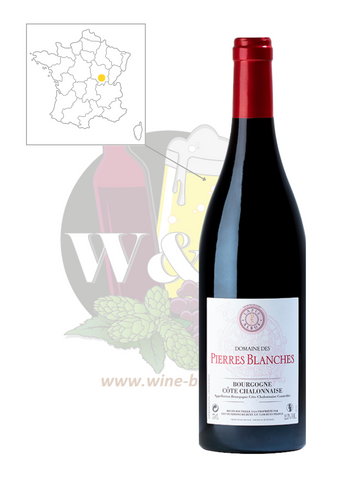 Bouteille d'AOC Côtes Chalonnaise - Domaine des Pierres Blanches. C'est un vin rouge au caratère complexe, possédant des tannins fins et une belle rondeur sur des arômes de violette, griottes...