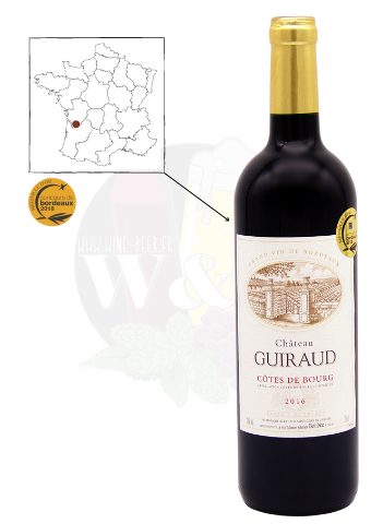 Bouteille d'AOC Côtes-de-Bourg - Château Guiraud. C'est un vin rouge riche, complexe, intense en épices.