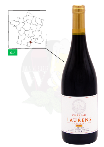 Bouteille d'AOC Faugères - Château de Laurens. C'est un vin rouge bio, expressif, élégant et merveilleusement équilibré.