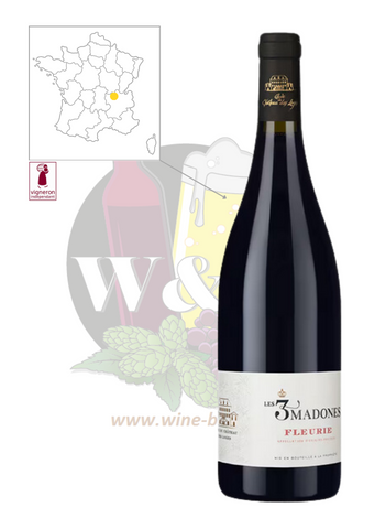 Bouteille d'AOC Fleurie - Cave du Château des Loges Les 3 Madones. Il s'agit d'un vin rouge léger, gouleyant sur des notes de violette, de cassis et de framboise. Osez l'accorder avec des moules au camembert !