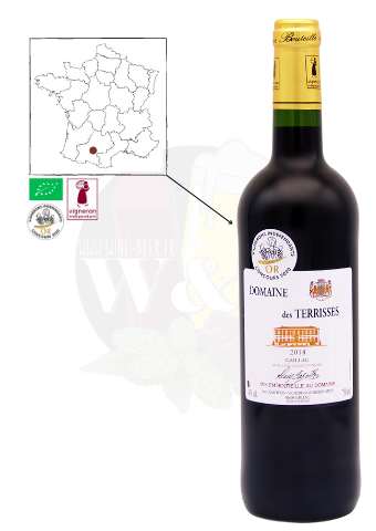 Bouteille d'AOC Gaillac - Domaine des Terrisses. C'est un vin rouge fruité, avec des arômes de tabac.