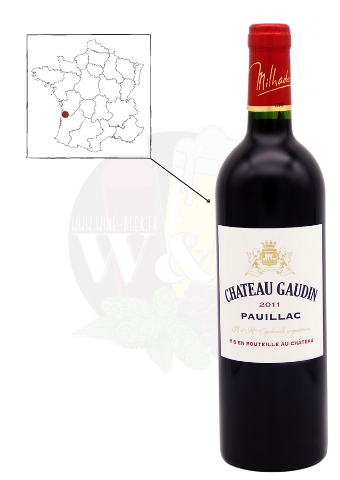 Bouteille d'AOC Pauillac - Chateau Gaudin 2011. C'est un vin rouge puissant comprenant des notes de réglisse et de fruits rouges bien mûrs.