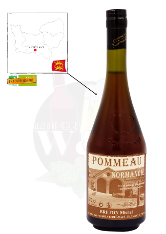 Bouteille d'AOC Pommeau de Normandie - Michel Breton. C'est un pommeau issu d'un vieillissement de 4ans en fûts de chêne. Il est sucré mais possède une légère amertume lui rendant un équilibre parfait.