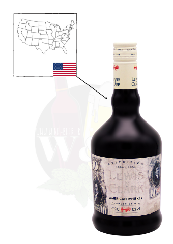 Bouteille d'un American Whiskey, le Lewis & Clark. C'est un whisky de couleur or clair possédant des notes d'épices, de tabac et de caramel.