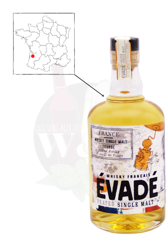 Bouteille de Whisky Français - Evadé Single Malt Tourbé. Il s'agit d'un whisky 100% français, qui possède des notes fumées et florales ainsi qu'une bouche délicate et élégante.