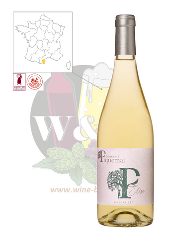 Bouteille d'IGP Côtes Catalanes - Domaine Piquemal Élise. Il s'agit d'un vin blanc sur des notes de fruits exotiques, possédant un réel profil aromatique. Il est doté d'une belle longueur et de vivacité en bouche. Parfait en apéritif ou sur de la cuisin