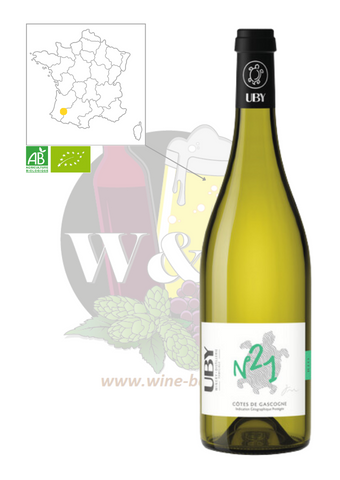 Bouteille d'IGP Côtes de Gascogne - Uby n°21. C'est un vin blanc vif et sec, sur des notes de pamplemousse et de fruits blancs. Il s'accompagnera parfaitement en apéritif, avec des fruits de mer ou des sushis.